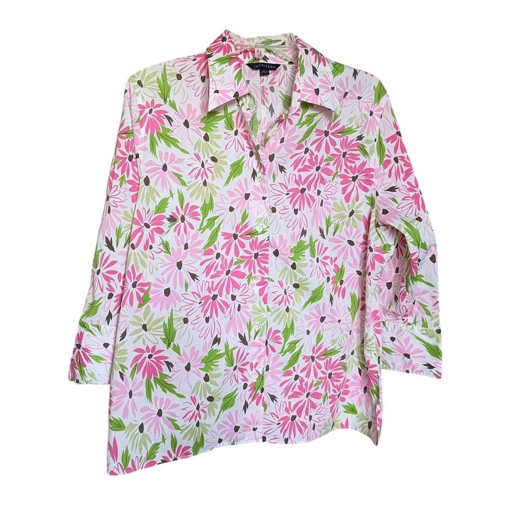 Lands End Pink Green Floral Daisy Button Down Shirt Sz 16 Blouse Cottagecore